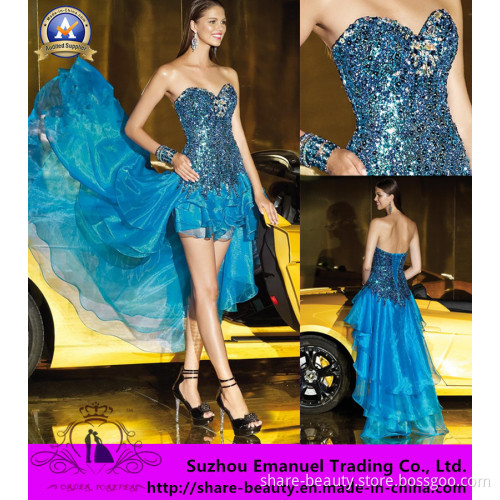New Arrival 2014 Blue Hi Lo Evening Cocktail Prom Dresses Sequins Ruffles Fashion